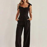 Black Cotton Slim Sleeveless Office Two Piece Set