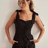 Black Cotton Slim Sleeveless Office Two Piece Set