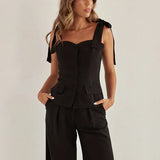 Black Cotton Slim Sleeveless Office Two Piece Set