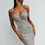 Women Sequin Crystal Spaghetti Strap Colorful Prom Dresses