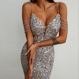 Women Sequin Crystal Spaghetti Strap Colorful Prom Dresses
