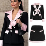 Contrast Bow Blazer Mini Skirt Office Two Piece Set