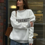 Contrast Letter Print Loose Knitted Women Casual O Neck Long Sleeve Sweater