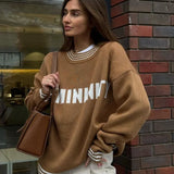 Contrast Letter Print Loose Knitted Women Casual O Neck Long Sleeve Sweater