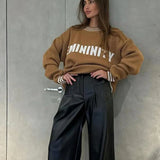 Contrast Letter Print Loose Knitted Women Casual O Neck Long Sleeve Sweater