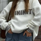 Contrast Letter Print Loose Knitted Women Casual O Neck Long Sleeve Sweater