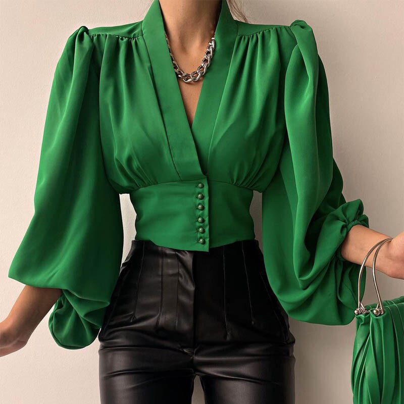 V-neck Lantern Sleeve Patchwork Printing Blouse