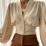 V-neck Lantern Sleeve Patchwork Printing Blouse
