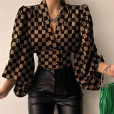 V-neck Lantern Sleeve Patchwork Printing Blouse