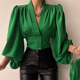 V-neck Lantern Sleeve Patchwork Printing Blouse