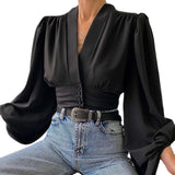 V-neck Lantern Sleeve Patchwork Printing Blouse