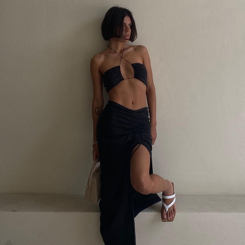 Drawstring Ruched Sexy Halter Crop Top and Midi Skirt Set