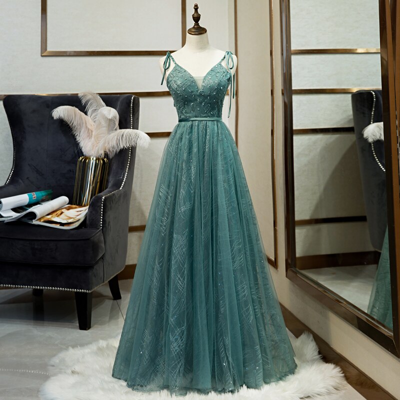 Long Straps Spaghetti Tulle Evening Gown Prom Dresses
