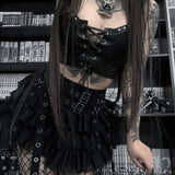 Cyber Gothic PU Leather Lace-up Y2K Emo Grunge Crop Top