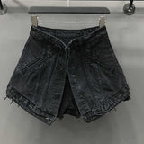 Women's Fake Two Pieces of High Waist A-line Thin Denim Shorts Street Style