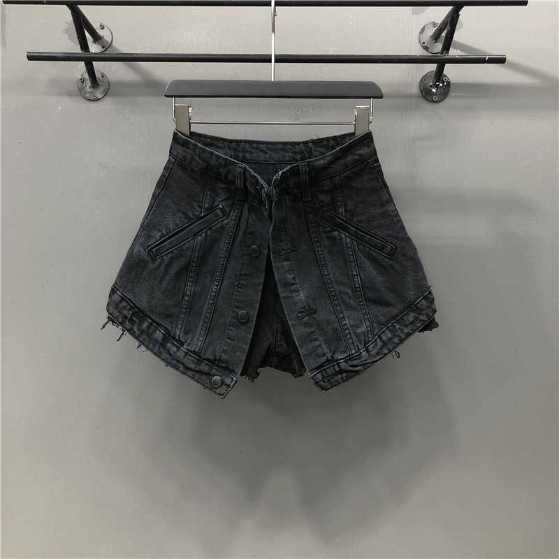 Women's Fake Two Pieces of High Waist A-line Thin Denim Shorts Street Style