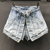 Women's Fake Two Pieces of High Waist A-line Thin Denim Shorts Street Style