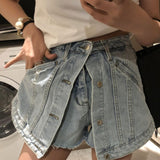 Women's Fake Two Pieces of High Waist A-line Thin Denim Shorts Street Style