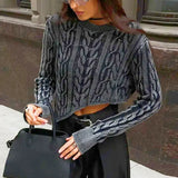 Dark Grey Irregular Hem Knitted Short O-neck Long Sleeve Crop Fashion Women Sweater