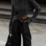 Dark Grey Irregular Hem Knitted Short O-neck Long Sleeve Crop Fashion Women Sweater