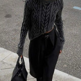 Dark Grey Irregular Hem Knitted Short O-neck Long Sleeve Crop Fashion Women Sweater