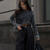 Dark Grey Irregular Hem Knitted Short O-neck Long Sleeve Crop Fashion Women Sweater