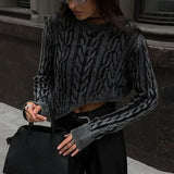 Dark Grey Irregular Hem Knitted Short O-neck Long Sleeve Crop Fashion Women Sweater