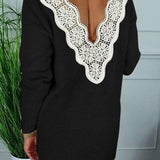 Deep V Back Long Sleeve Women Dress Bodycon Dress Sexy Dress Women Party Night Club Wear Lace Patchwork