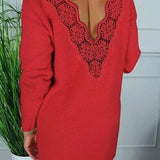 Deep V Back Long Sleeve Women Dress Bodycon Dress Sexy Dress Women Party Night Club Wear Lace Patchwork