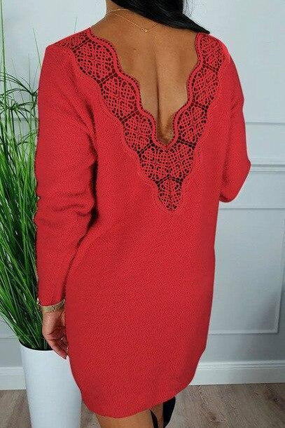 Deep V Back Long Sleeve Women Dress Bodycon Dress Sexy Dress Women Party Night Club Wear Lace Patchwork