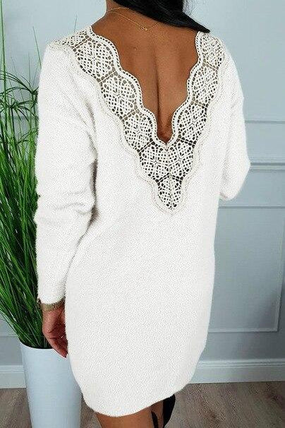 Deep V Back Long Sleeve Women Dress Bodycon Dress Sexy Dress Women Party Night Club Wear Lace Patchwork