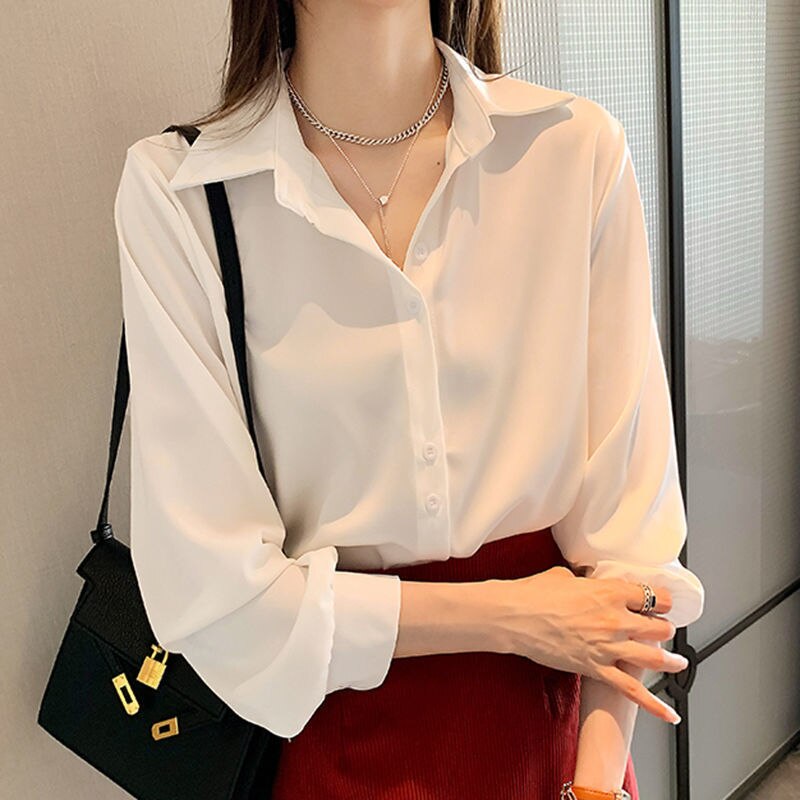 Women Chiffon Blouse Summer Thin Satin Silk Button Up Blouse Office Shirt