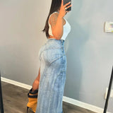 Casual Comfy Dark Blue A-Line Denim Wrap Skirt with Button Bottom