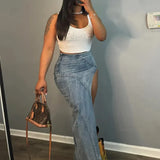Casual Comfy Dark Blue A-Line Denim Wrap Skirt with Button Bottom