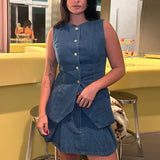 Denim Solid Button Sleeveless Office Two Piece Set