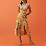 Vintage Midi Dress Side High Slit Sexy Spaghetti Strap Dress