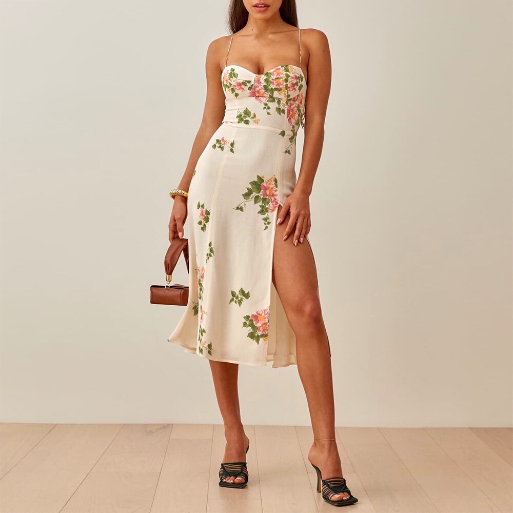 Vintage Midi Dress Side High Slit Sexy Spaghetti Strap Dress
