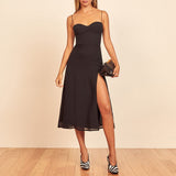 Vintage Midi Dress Side High Slit Sexy Spaghetti Strap Dress