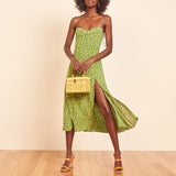 Vintage Midi Dress Side High Slit Sexy Spaghetti Strap Dress