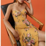 Vintage Midi Dress Side High Slit Sexy Spaghetti Strap Dress