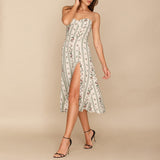 Vintage Midi Dress Side High Slit Sexy Spaghetti Strap Dress