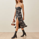 Vintage Midi Dress Side High Slit Sexy Spaghetti Strap Dress