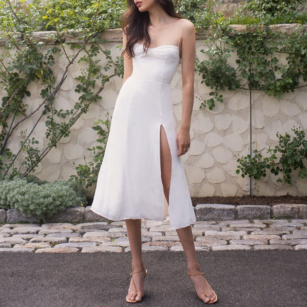 Vintage Midi Dress Side High Slit Sexy Spaghetti Strap Dress
