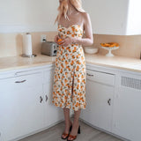 Vintage Midi Dress Side High Slit Sexy Spaghetti Strap Dress