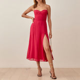 Vintage Midi Dress Side High Slit Sexy Spaghetti Strap Dress