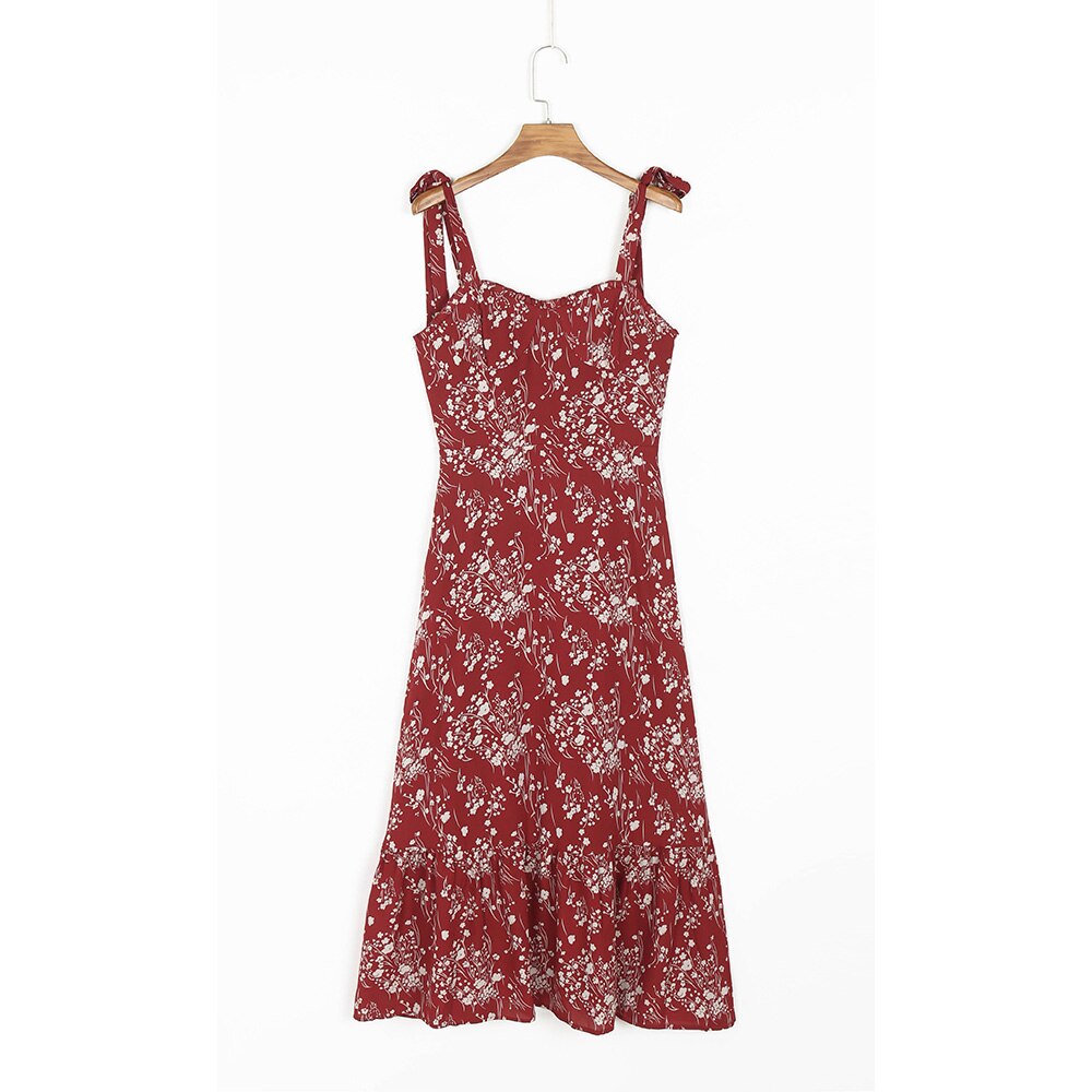 Elegant Ruffle Hem Beach Summer Dress Sweetheart Neck Tie Strap Midi Dress