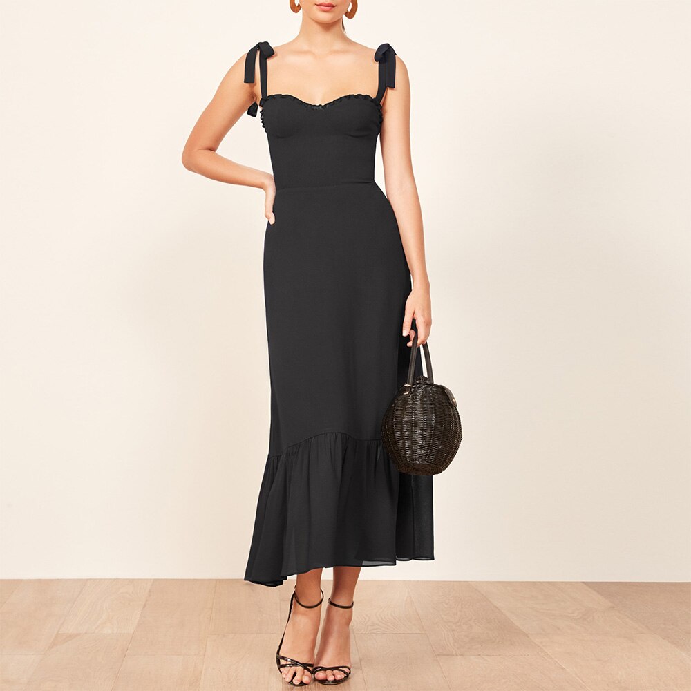 Elegant Ruffle Hem Beach Summer Dress Sweetheart Neck Tie Strap Midi Dress