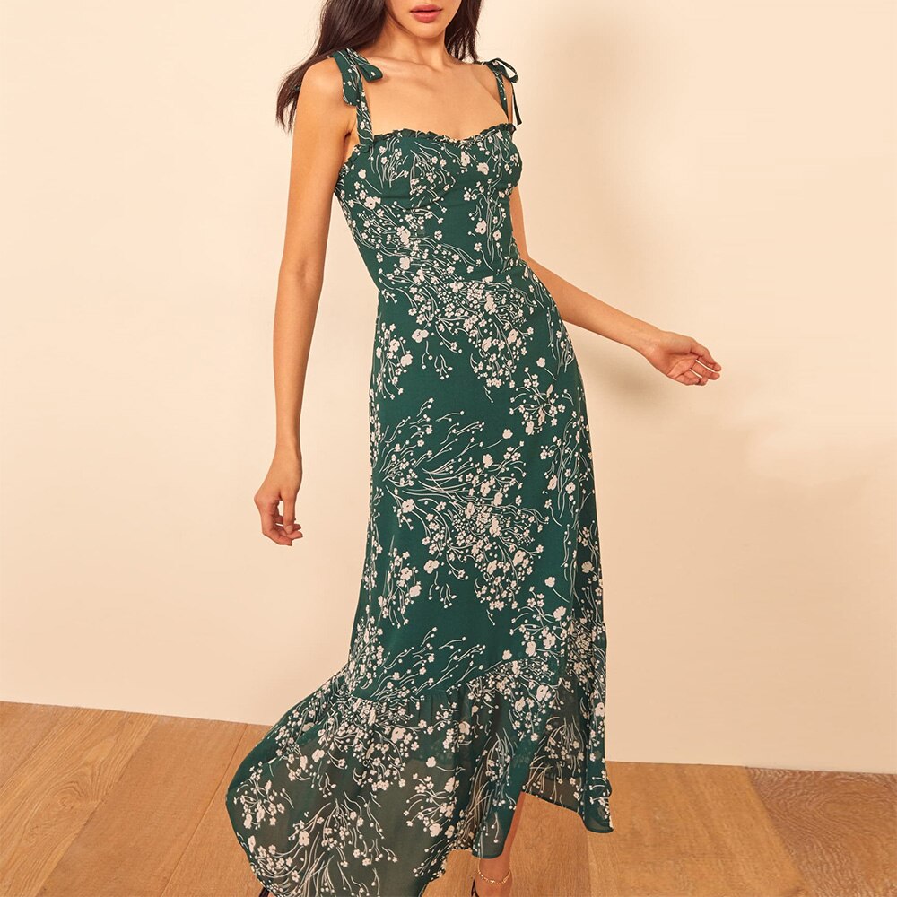 Elegant Ruffle Hem Beach Summer Dress Sweetheart Neck Tie Strap Midi Dress