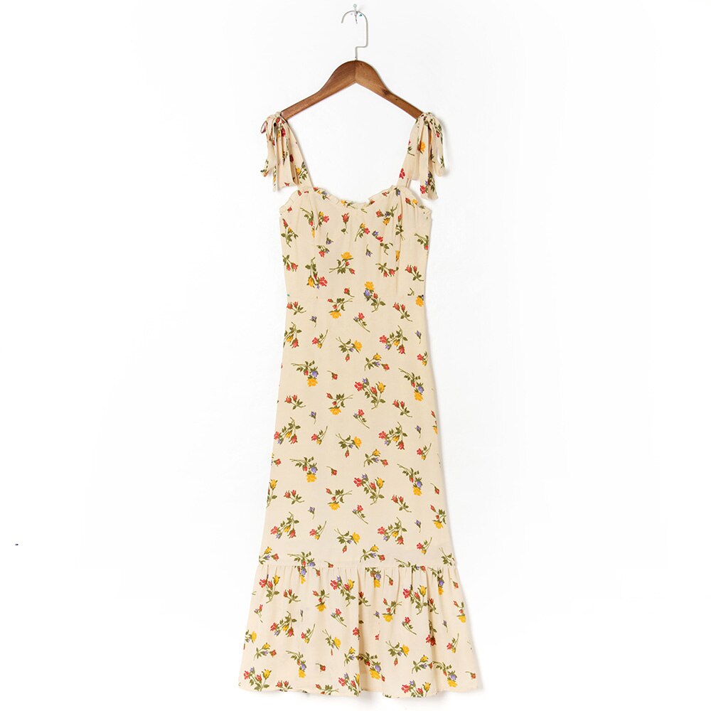 Elegant Ruffle Hem Beach Summer Dress Sweetheart Neck Tie Strap Midi Dress
