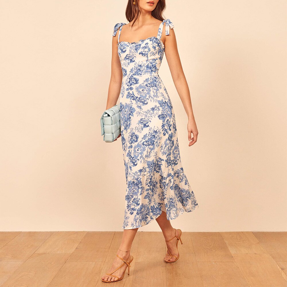 Elegant Ruffle Hem Beach Summer Dress Sweetheart Neck Tie Strap Midi Dress